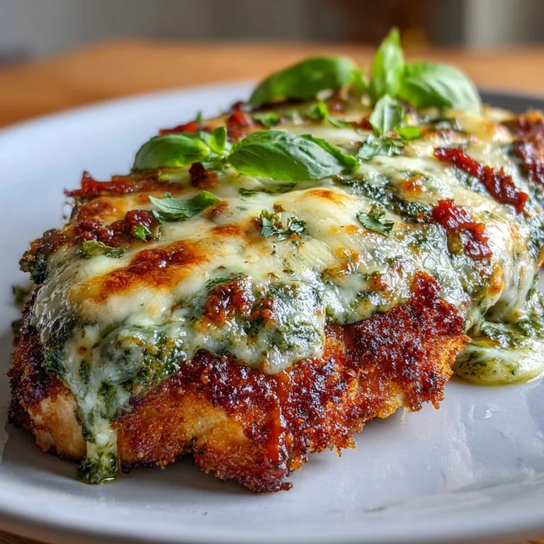 Juicy chicken parmesan layered with marinara and melty cheese, garnished with fresh basil on a rustic white plate.