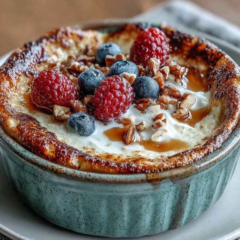 Golden-brown Baked Protein Pancake Bowl ready to eat, garnished with peanut butter swirls and chocolate chips, perfect for a high-protein breakfast.