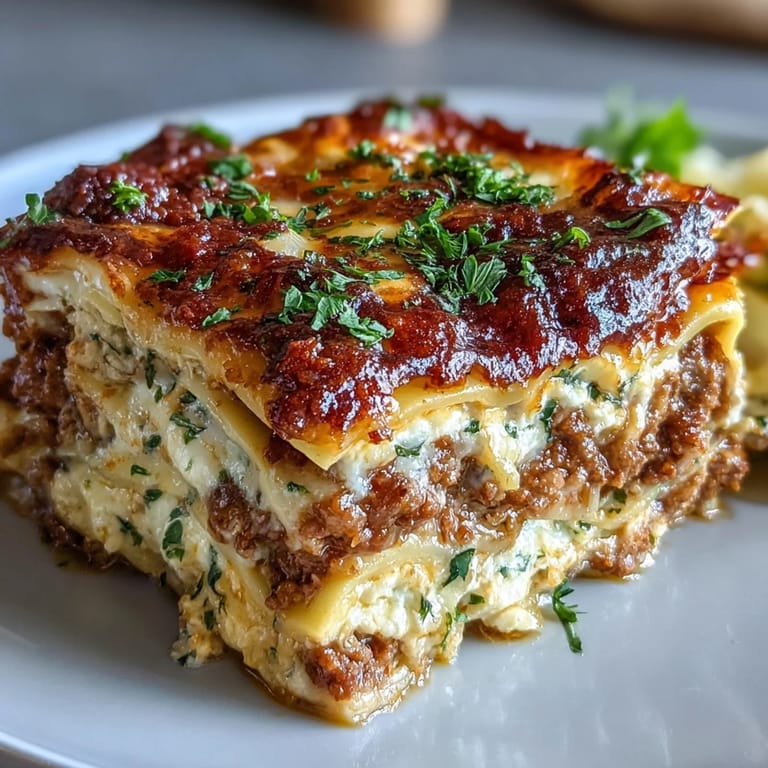 Close-up of Worlds Best Lasagna revealing tender noodles, savory ground beef, and gooey cheese pull in a ceramic baking dish.