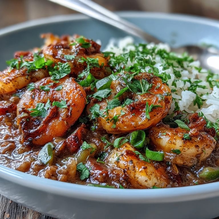 Close-up of Classic New Orleans Étouffée, showcasing succulent shrimp and vibrant vegetables in a dark roux, served over steamed rice.