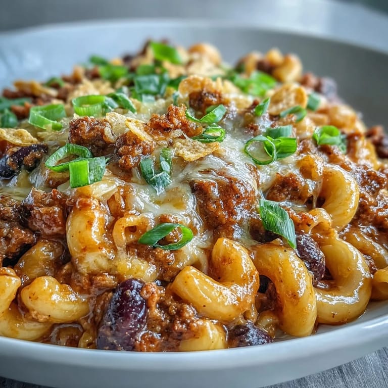 Spoonful of One-Pan High Protein Chili Mac, with tender pasta, savory beef, and creamy sauce, topped with cilantro and tortilla chips.