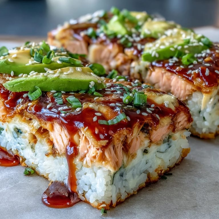 Freshly baked Spicy Salmon Sushi Bake garnished with green onions and drizzled with creamy sriracha mayo, a perfect Japanese-American casserole for weeknight dinners.