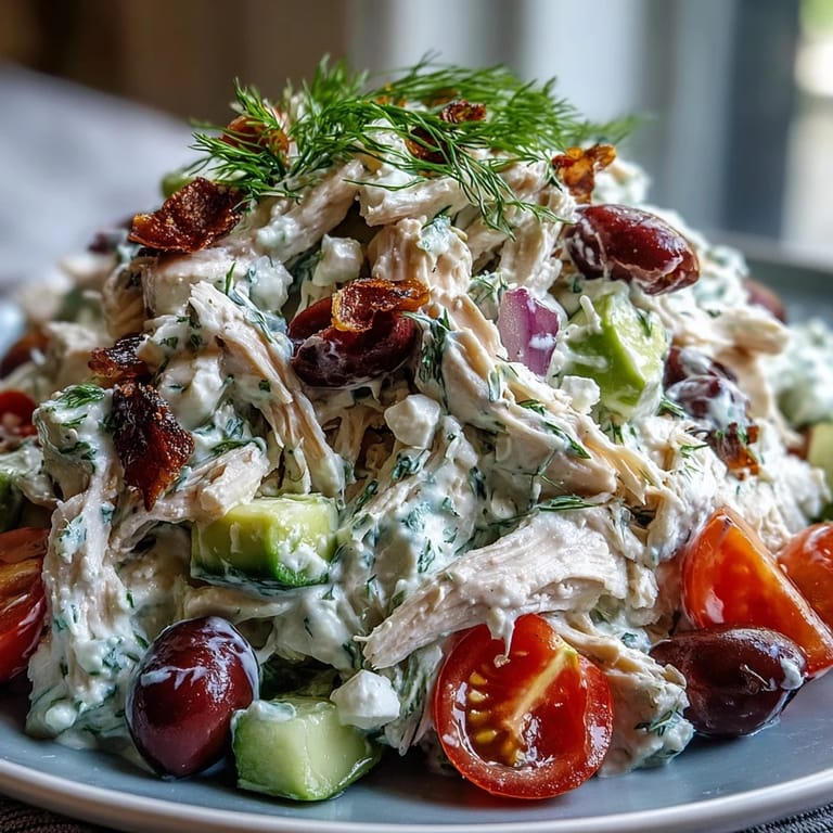 A close-up of Tzatziki Chicken Salad with shredded chicken, diced cucumbers, and feta cheese on a rustic plate.