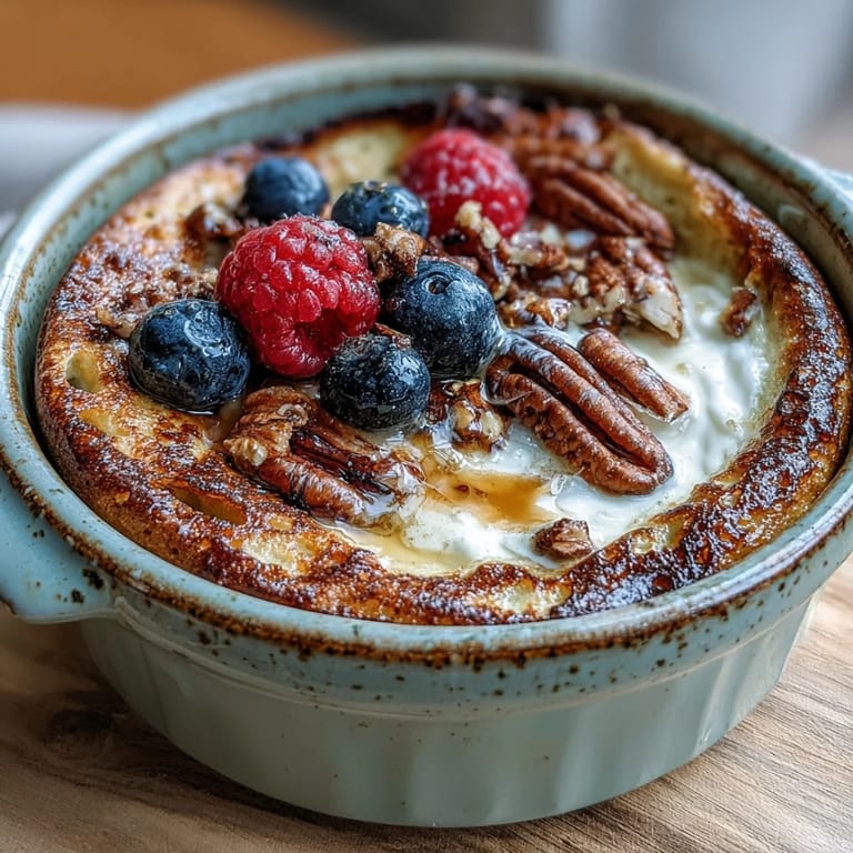 Warm Baked Protein Pancake Bowl with a fluffy texture, served with a dollop of yogurt and a sprinkle of nuts for added crunch.  