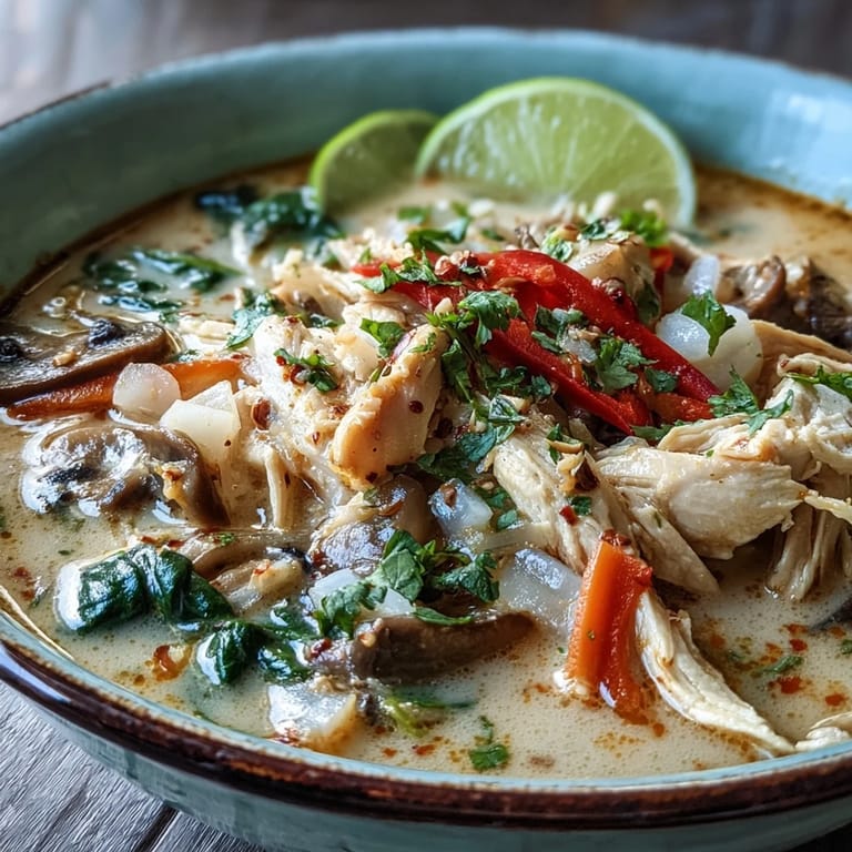 A vibrant Thai Coconut Curry Soup Bowl garnished with fresh cilantro, lime wedges, and a drizzle of coconut milk.