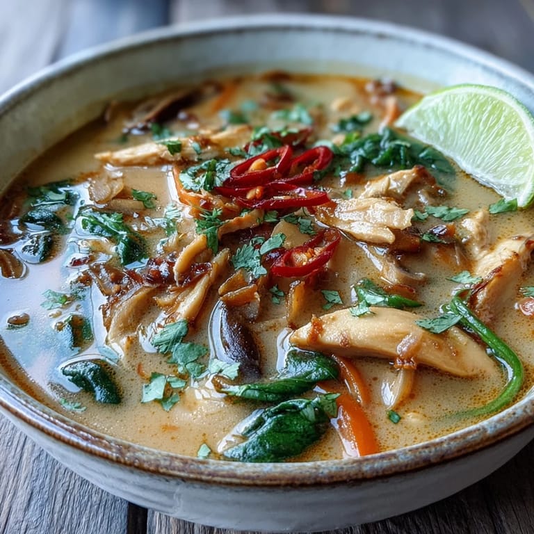 Close-up of a Thai Coconut Curry Soup Bowl featuring chicken, colorful vegetables, and fragrant aromatics for a comforting meal.