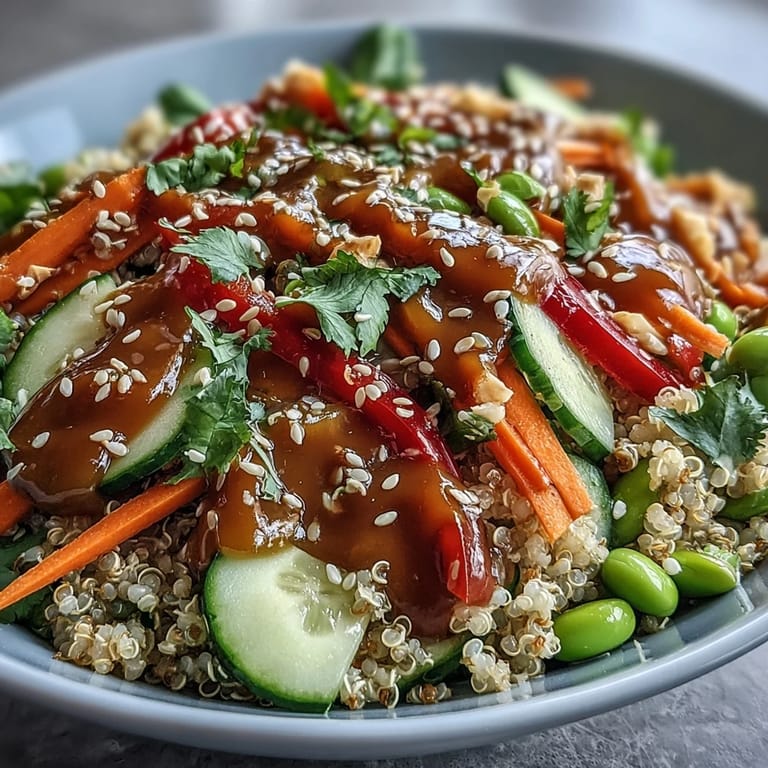 Thai Coconut Quinoa Bowl in a white bowl with purple cabbage, edamame, and sesame seeds.  