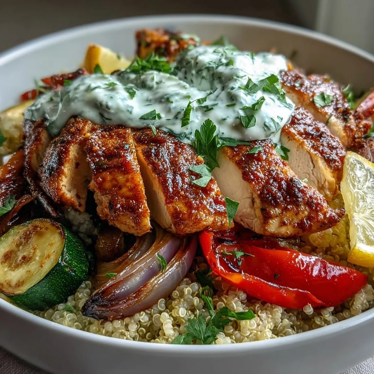 A close-up shows rose harissa drizzled over the paprika herb chicken bowl, with creamy dollops of Greek yogurt.