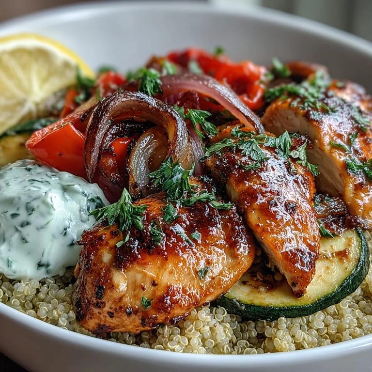 Vibrant roasted zucchini and bell peppers add color to the paprika herb chicken quinoa bowl, served on a rustic plate.