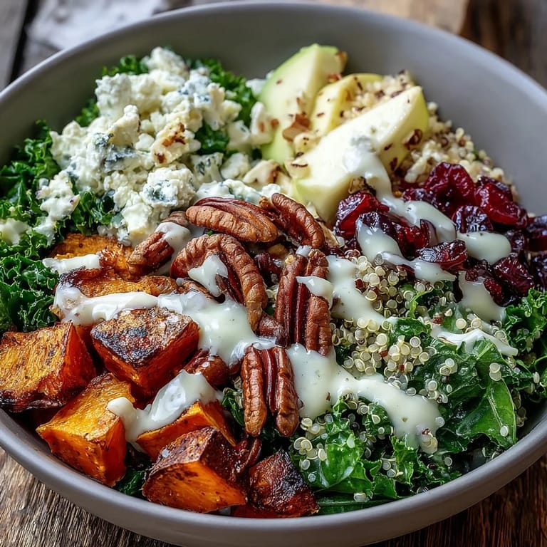 Warm roasted sweet potatoes and tangy blue cheese atop fluffy quinoa in this hearty Harvest Kale Quinoa Bowl.