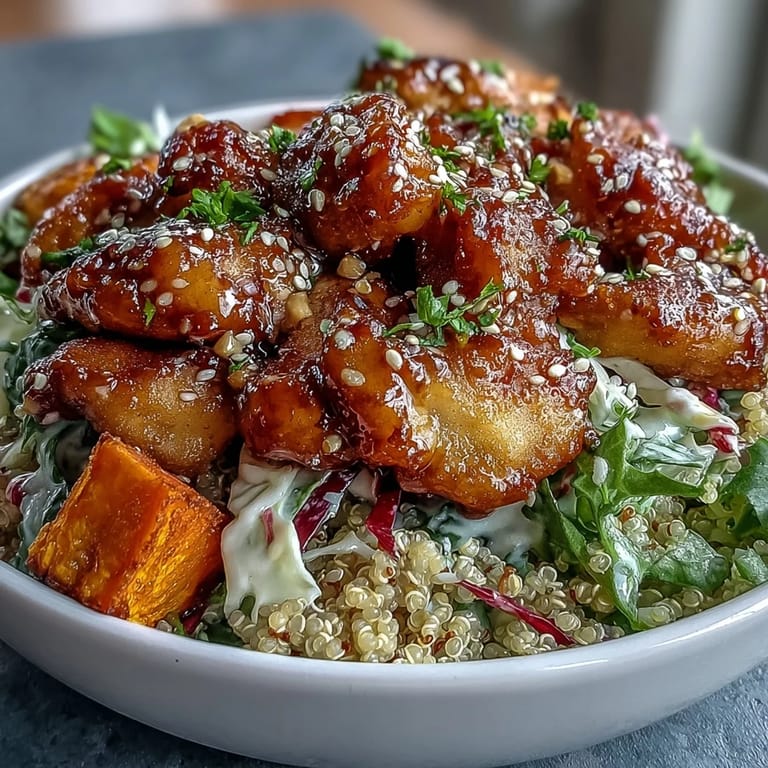 Savory bites of smoked paprika chicken nestle beside tender roasted sweet potatoes in this Hot Honey Chicken Bowl, finished with a spicy-sweet mustard drizzle over fluffy quinoa and crisp slaw.