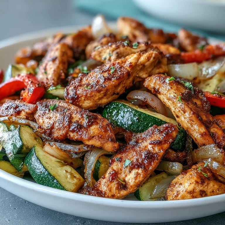 Freshly roasted sheet pan fajita bowl featuring tender chicken, bell peppers, and onions piled high over rice, garnished with sliced avocado and a lime wedge.