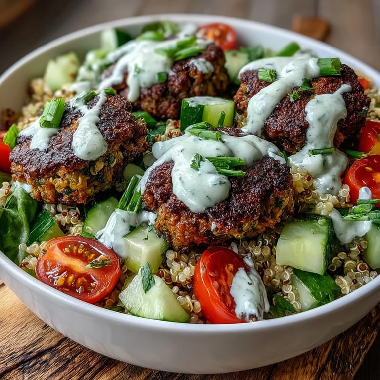 Colorful vegetarian and gluten-free falafel quinoa bowl garnished with herbs, featuring golden-brown chickpea fritters and fresh vegetables on a rustic table.
