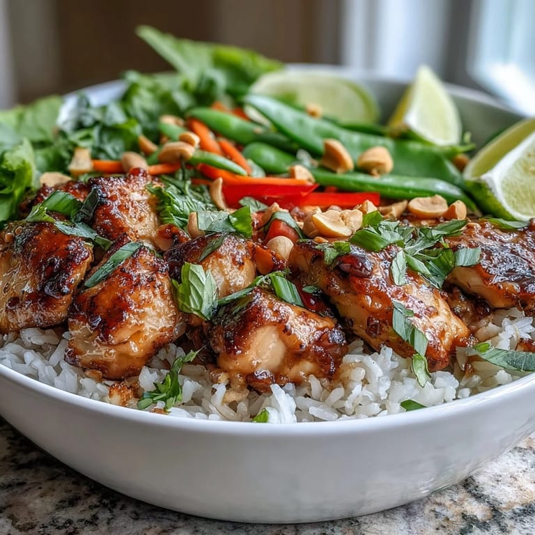 Thai Chicken Coconut Bowl served in a white bowl, featuring colorful blanched carrots, snap peas, and aromatic Thai basil leaves.