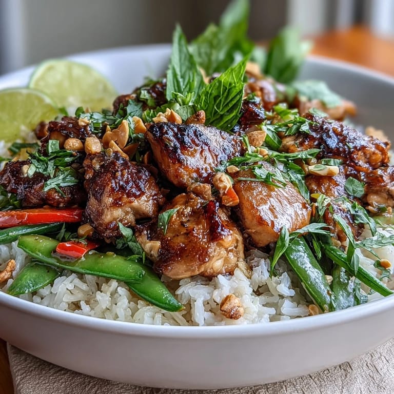 Close-up of a Thai Chicken Coconut Bowl showcasing glazed chicken, crisp vegetables, and chopped peanuts, ready for a gluten-free dinner.