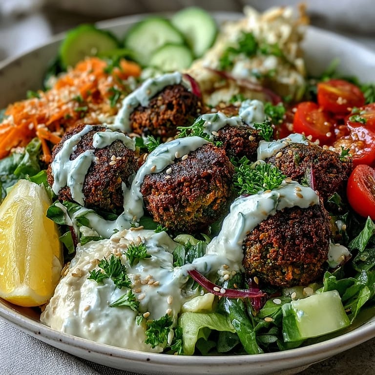 Freshly fried falafel balls sit atop a vibrant Falafel Bowl with creamy hummus, crisp greens, and drizzled tahini sauce.