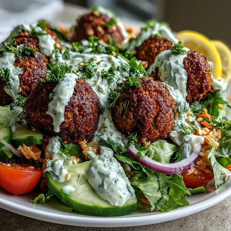 A close-up of a hearty Falafel Bowl shows fluffy pita chips beside tangy tzatziki and colorful Mediterranean vegetables.