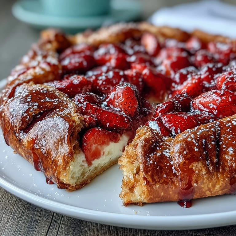 Rustic strawberry galette with frangipane filling, fresh berries and almond cream baked in golden, flaky crust.