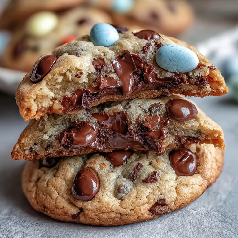 Chewy chocolate chip cookies loaded with colorful Cadbury Mini Eggs, offering a festive Easter dessert with every bite.