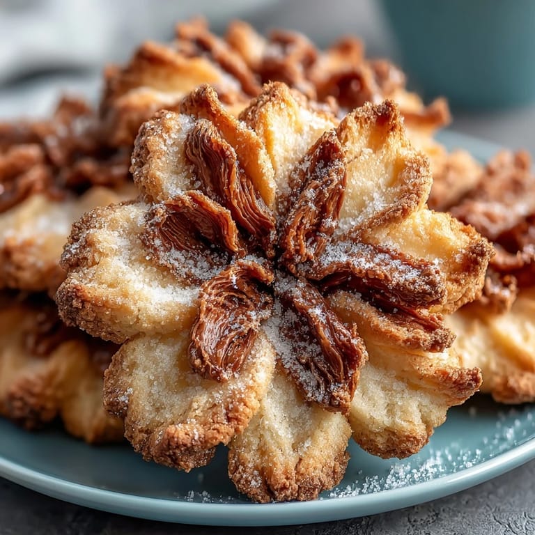 Pretty flower-shaped shortbread cookies dusted with powdered sugar, offering a crisp, melt-in-your-mouth texture and classic vanilla flavor.