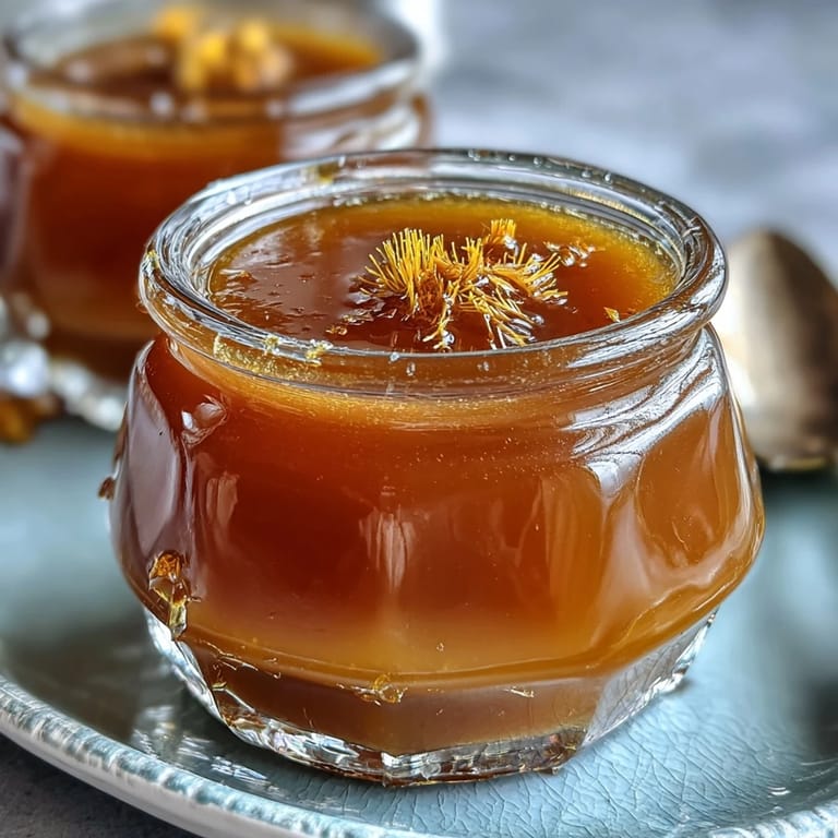 Soft dandelion petals infuse a clear, golden jelly with subtle floral notes, ideal for gourmet cheese boards.