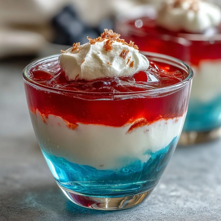 Clear cups showcase the colorful gelatin layers of strawberry, white condensed milk, and blue raspberry Jello, topped with fresh berries.  