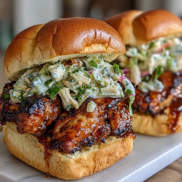 2. Tender shredded BBQ chicken on toasted slider buns, piled high with crisp, creamy coleslaw for a classic summer bite.