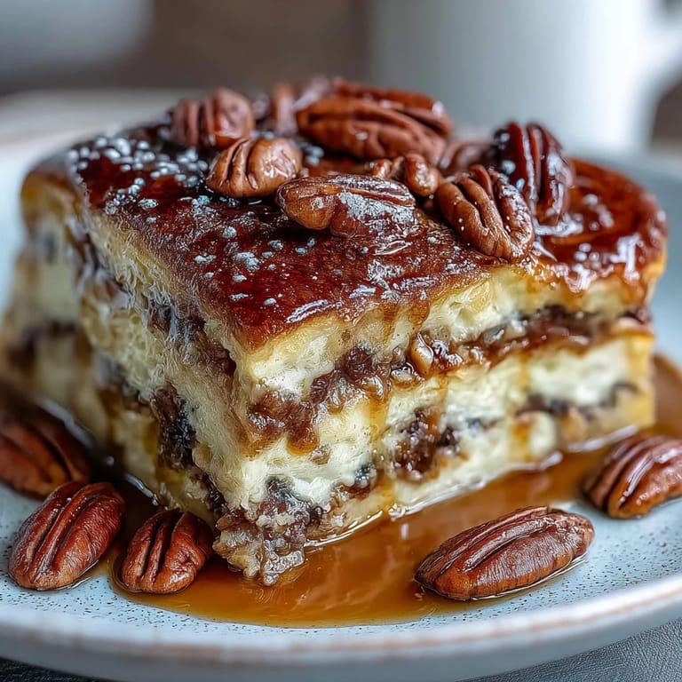 Warm slices of pancake casserole with a glossy maple syrup drizzle, perfect for family brunch.