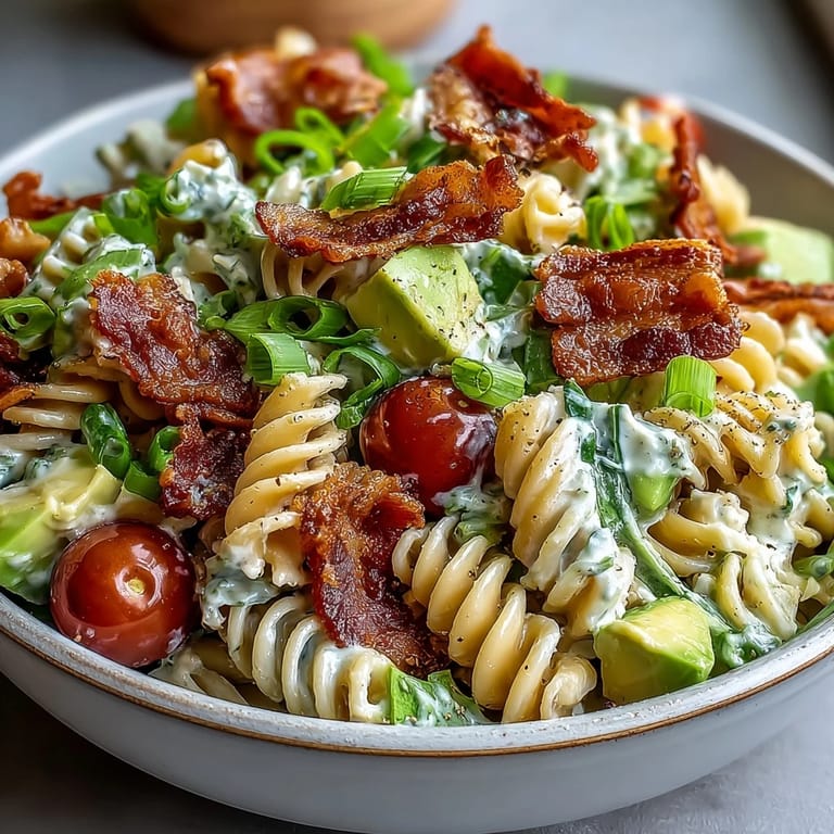 Fresh BLT Pasta Salad featuring cherry tomatoes, romaine lettuce, and avocado tossed with creamy dressing and pasta.  