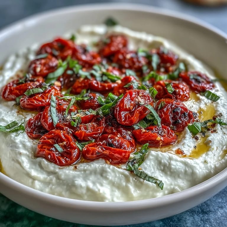 Velvety whipped feta dip with blistered cherry tomatoes, perfect for dipping pita bread or crackers.
