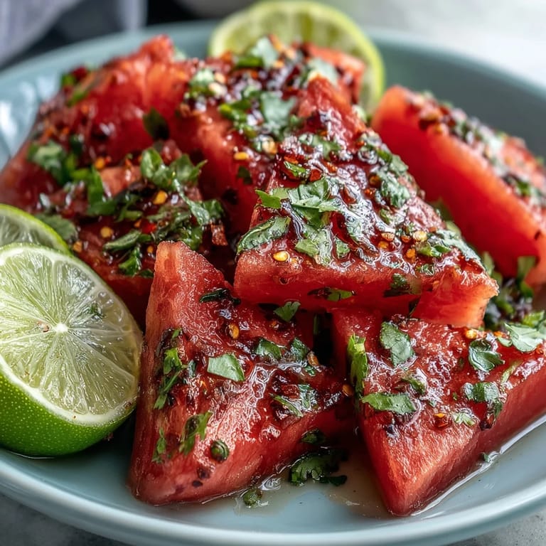 Colorful watermelon sticks dusted with Tajin and a squeeze of lime, offering a tangy, spicy twist on classic fruit.