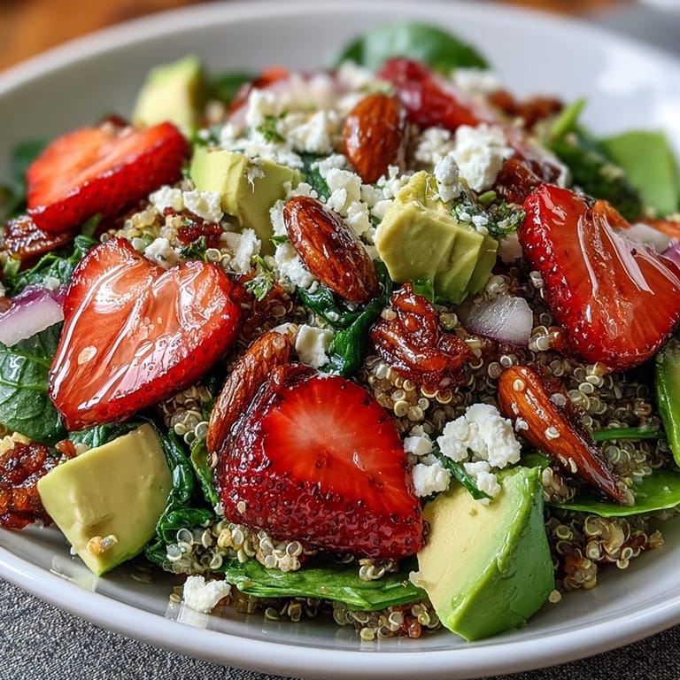 Healthy strawberry avocado quinoa salad with tender quinoa, sweet berries, creamy avocado, and crunchy nuts, drizzled with a tangy citrus dressing for a perfect light lunch.