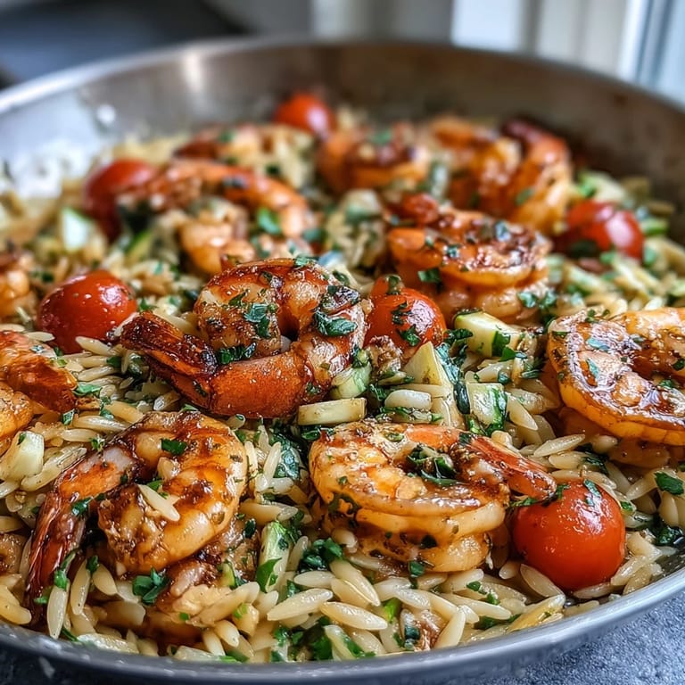 A single-pan dinner of Lemon Butter Shrimp and Orzo, featuring succulent shrimp, zesty lemon, and fresh vegetables for a quick, satisfying meal.