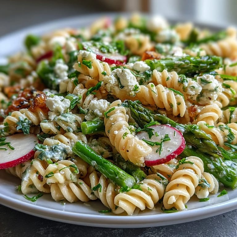 Bright spring pasta salad featuring radishes, asparagus, and lemon vinaigrette, garnished with fresh herbs and optional crumbled cheese for a light, zesty meal.