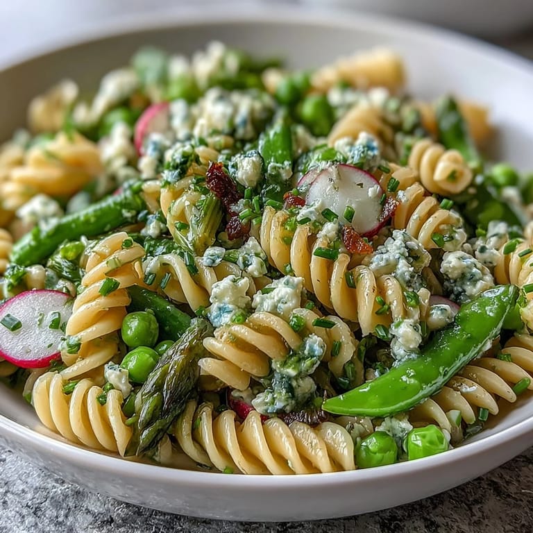 Colorful spring pasta salad with lemon vinaigrette, radishes, and seasonal vegetables, perfect for picnics, potlucks, or a refreshing vegetarian lunch.