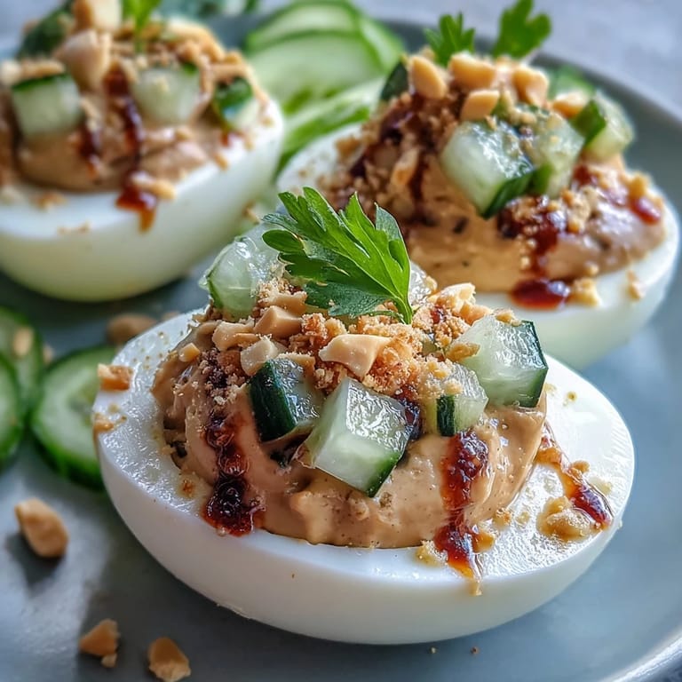 Spicy, savory Thai peanut deviled eggs presented beautifully with a cool relish.