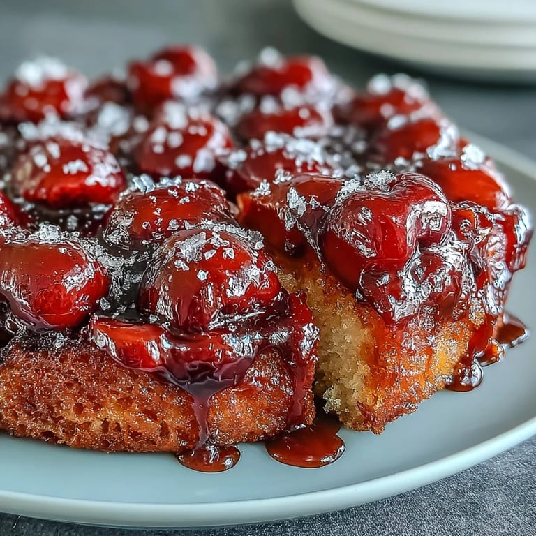 Vibrant cherry almond upside-down cake, showcasing rich caramel and tender fruit texture.
