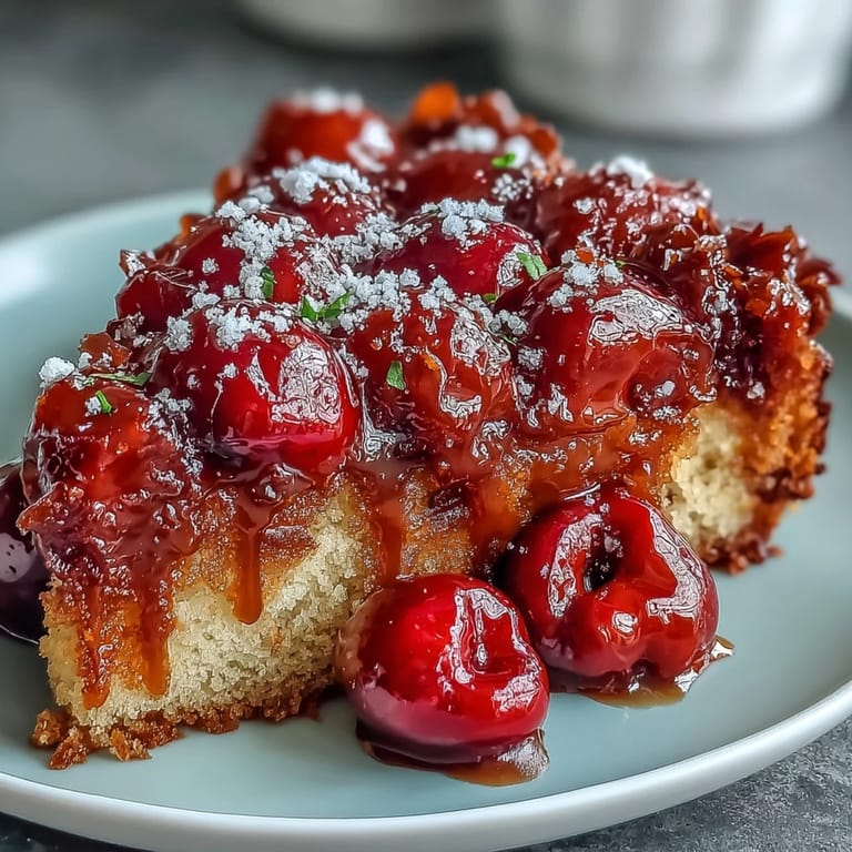 Luscious baked cherry almond upside-down cake, a perfect dessert with sweet cherry jewels.