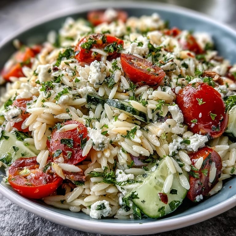 Refreshing Orzo Salad, showcasing cool cucumber, salty feta, and bright lemon dressing.