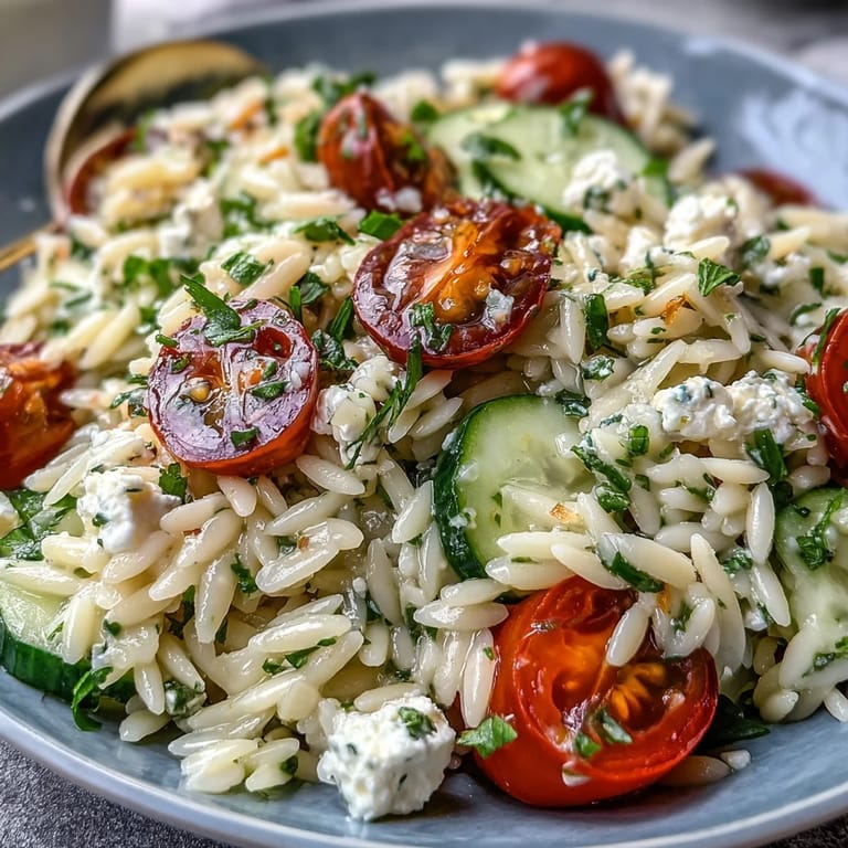 Mediterranean Orzo Salad with vibrant tomatoes, fresh herbs, and crumbled feta cheese.