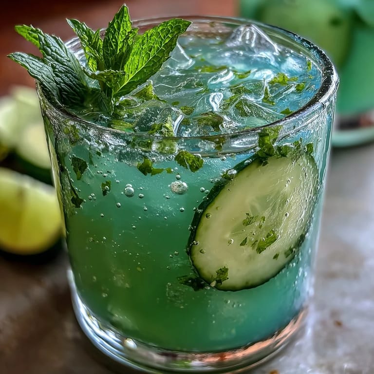 Bright Green Detox Cucumber Mint Agua Fresca garnished with crisp cucumber and mint.