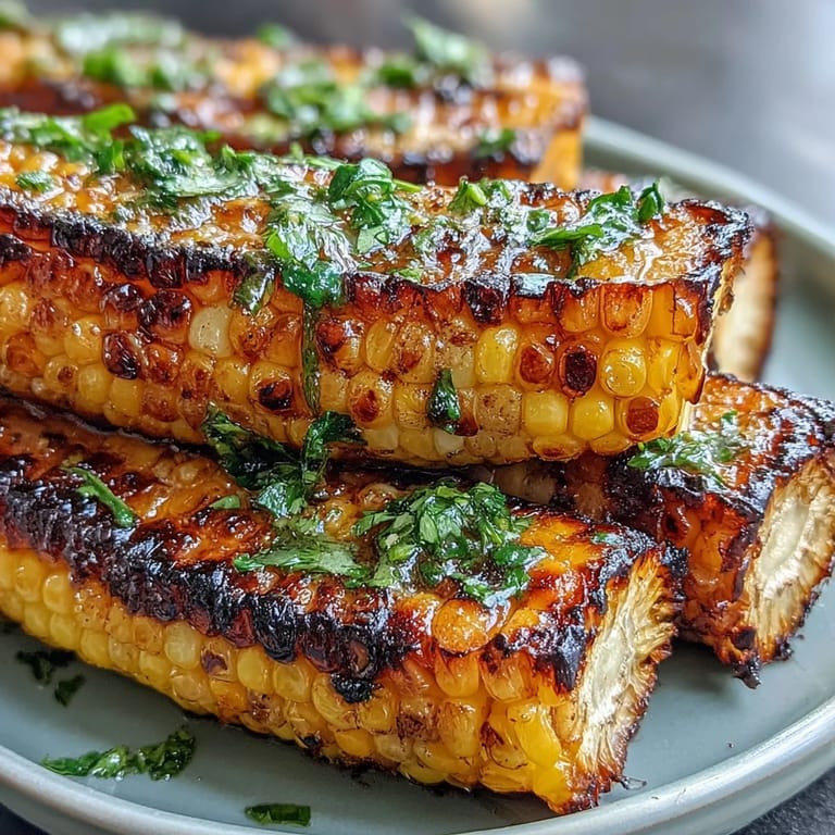 Sweet grilled corn ribs glistening with zesty chili lime butter, ready to serve.