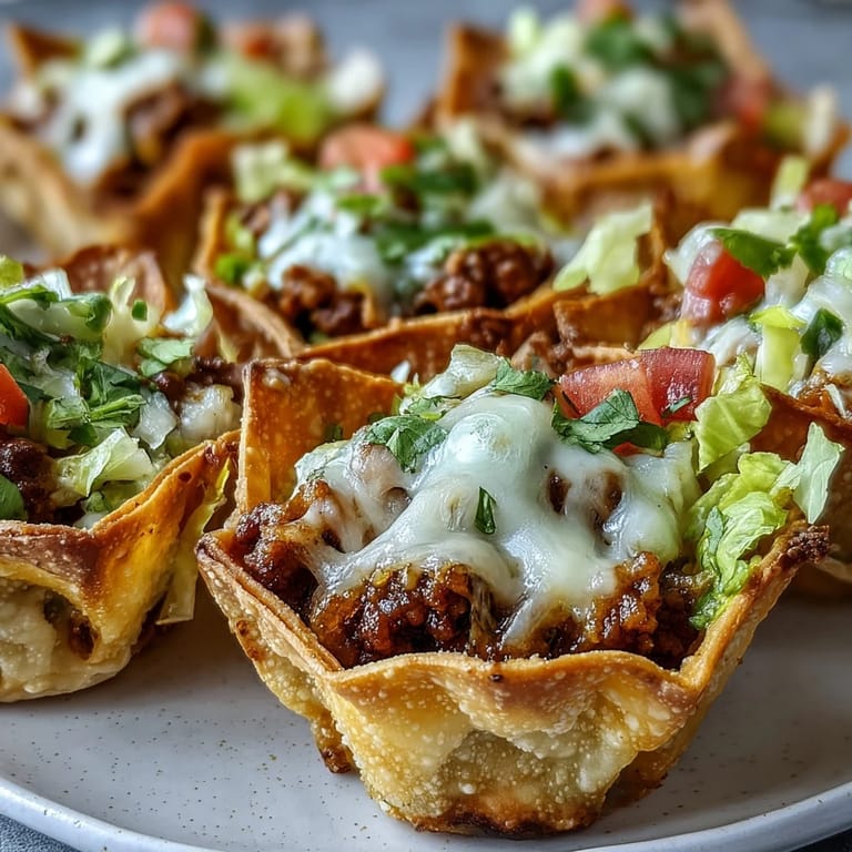 Appetizing mini taco cups featuring seasoned ground beef, cheese, and fresh garnishes.