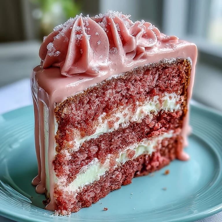 Moist, pink Rosé Velvet Cake artfully adorned with sparkling edible gold.
