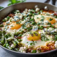 A close-up of Pea and Broad Bean Shakshuka, with runny egg yolks nestled in a vibrant green pea and bean vegetable stew inside a cast iron skillet.