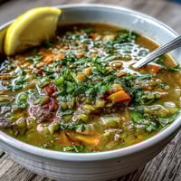 Steaming bowl of homemade Mung Bean Soup, with tender beans and diced carrots in a golden broth.