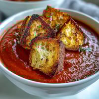 Roasted Red Pepper Soup With Crispy Croutons is ladled into a rustic white bowl, bright red and steamy, with golden croutons on top.