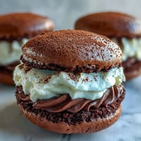 Freshly baked Tiramisu Whoopie Pies with soft cocoa cookie shells and rich coffee mascarpone filling on a rustic board.