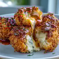 These golden Buffalo Chicken Bacon Mozzarella Bombs feature crispy panko crusts, revealing spicy chicken and gooey melted mozzarella inside.