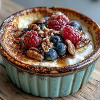Freshly baked Baked Protein Pancake Bowl in a ramekin, golden brown on top and soft in the center, topped with a drizzle of maple syrup and fresh berries.  